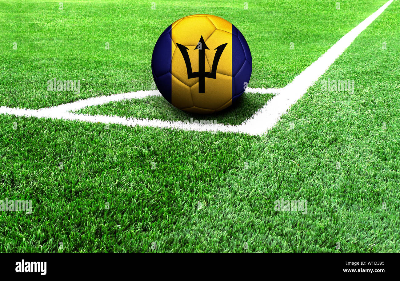 soccer ball on a green field, flag of Barbados Stock Photo Alamy