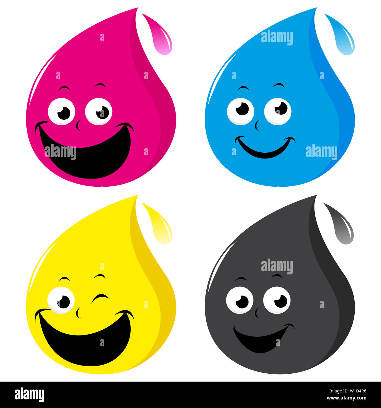 Illustration set of 4 cartoon ink drops in cyan, magenta, yellow and black colors. Stock Photo