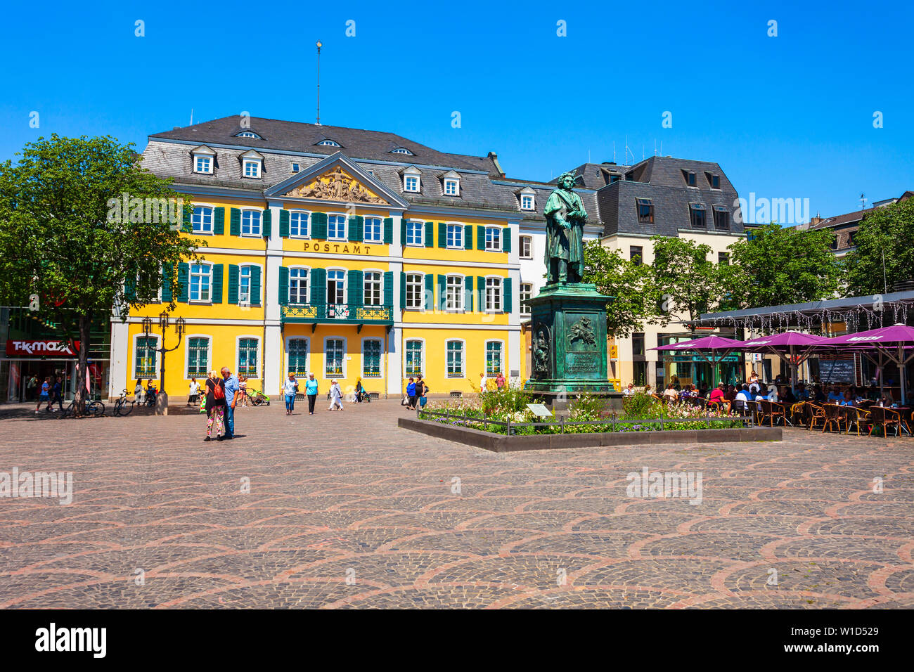 BONN, GERMANY - JUNE 29, 2018: Ludwig van Beethoven monument and post office in the centre of Bonn city in Germany Stock Photo