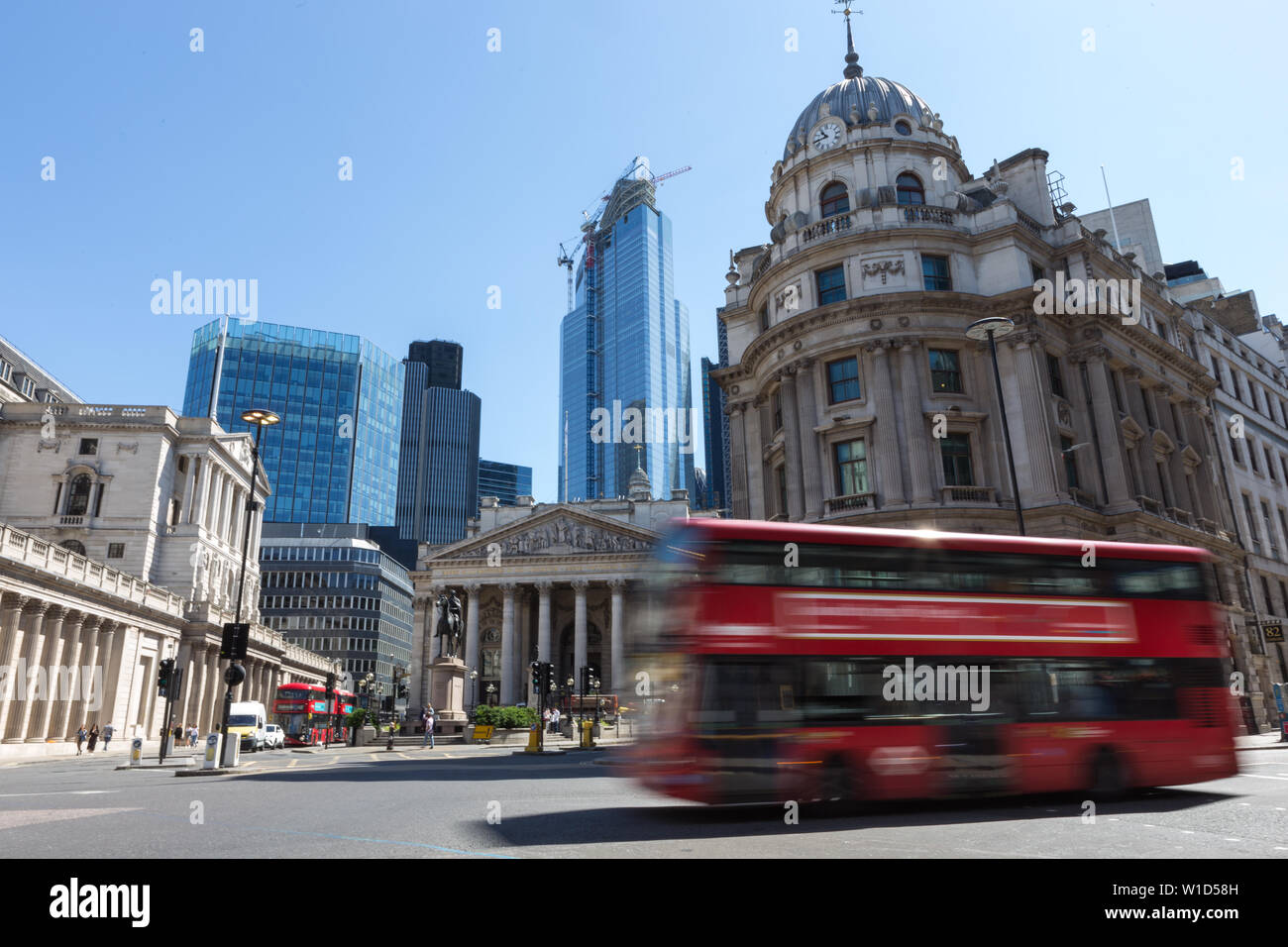 The Bank of England on the left and the Royal Exchange at centre are two of the many significant buildings in the City of London Stock Photo