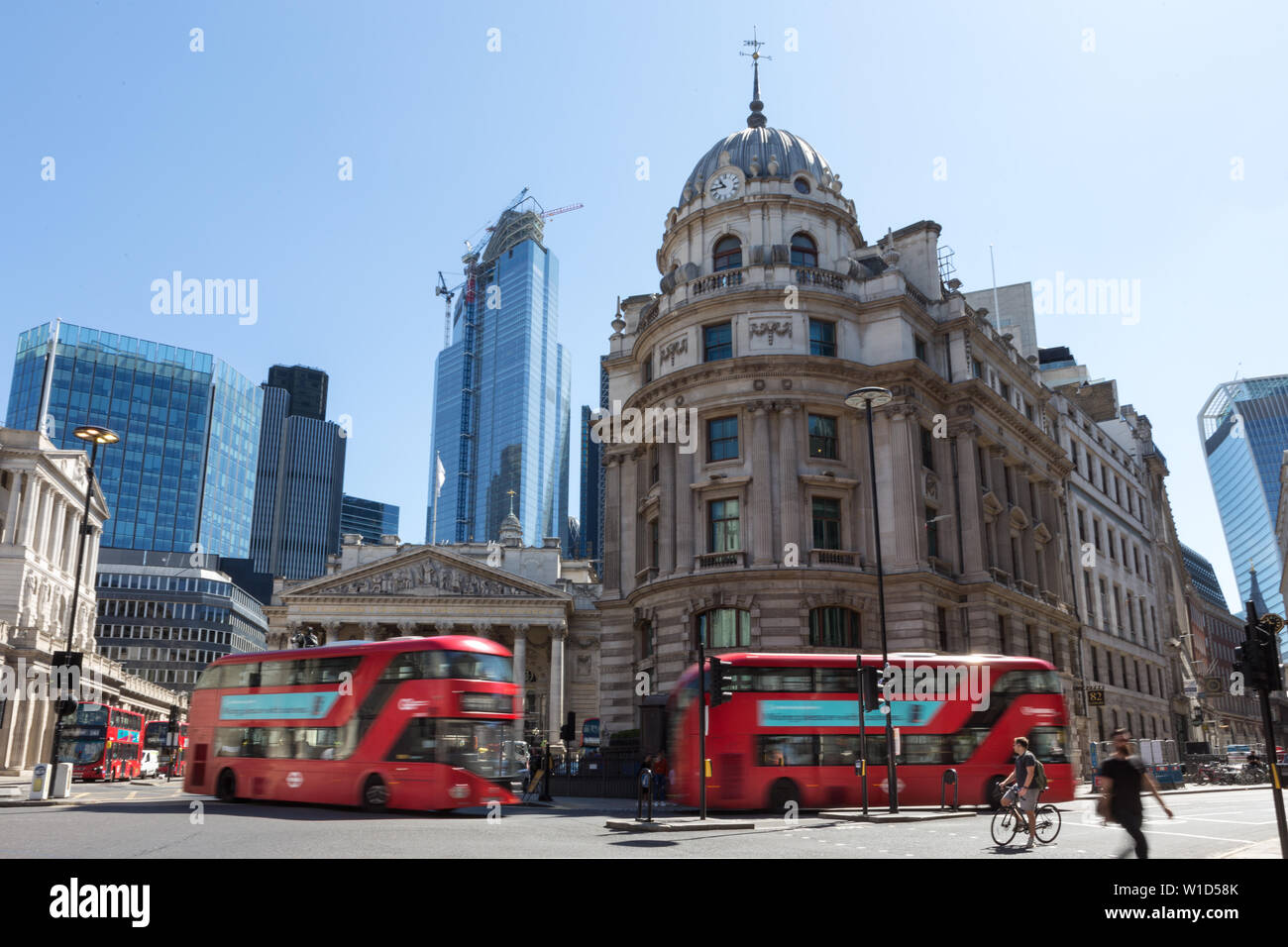 The Bank of England on the left and the Royal Exchange at centre are two of the many significant buildings in the City of London Stock Photo