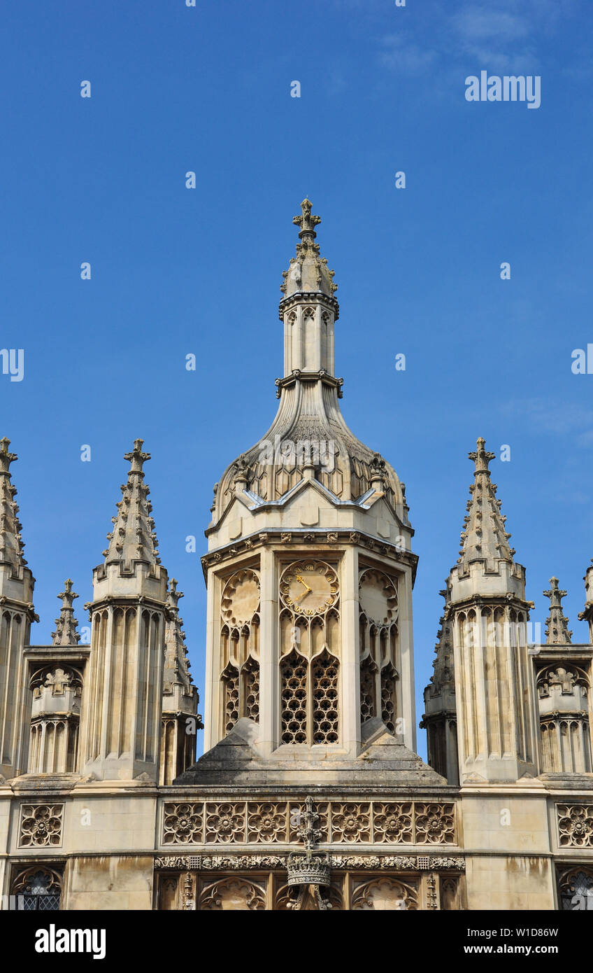 Spires and clock above entrance to King's College, King's Parade, Cambridge, England, UK Stock Photo