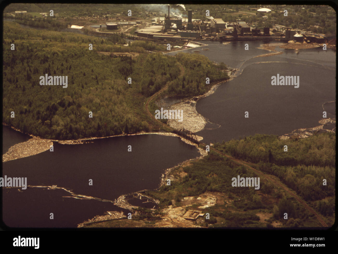 PACIFIC PAPER PLANT IN WOODLAND ON THE ST. CROIX RIVER PULP LOG BOOM IN RIVER COVE Stock