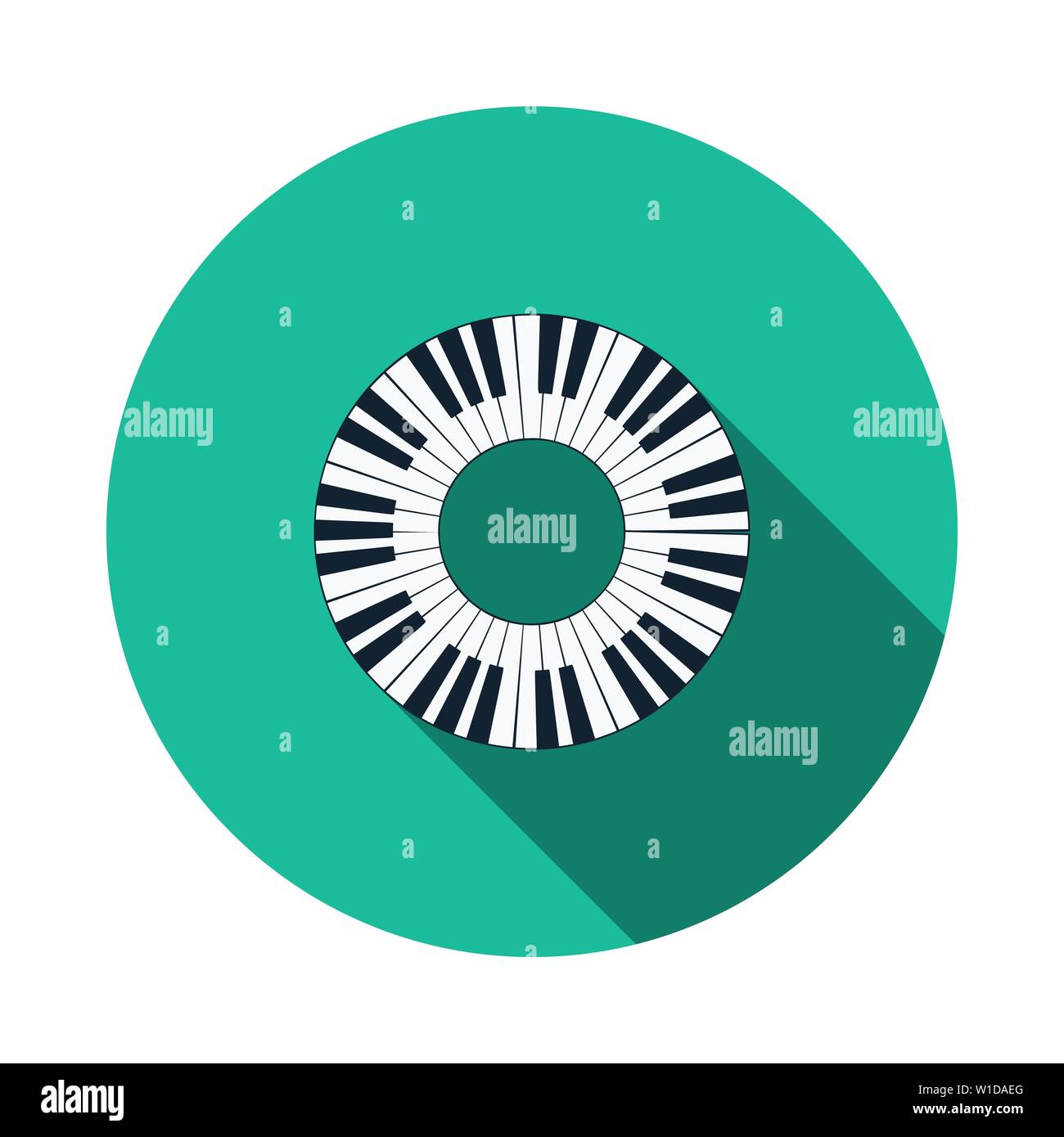 Piano Circle Keyboard Icon. Flat Circle Stencil Design With Long Shadow