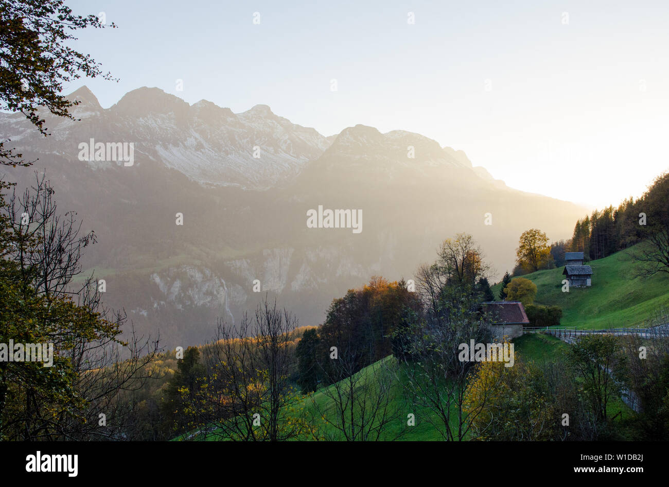Bautiful Sunset in alps mountains by Brunigpass, nearby Brunig (Bruenig, Brünig), lake of Brienz, Lungern. Switzerland, Canton Bern, Obwalden Stock Photo