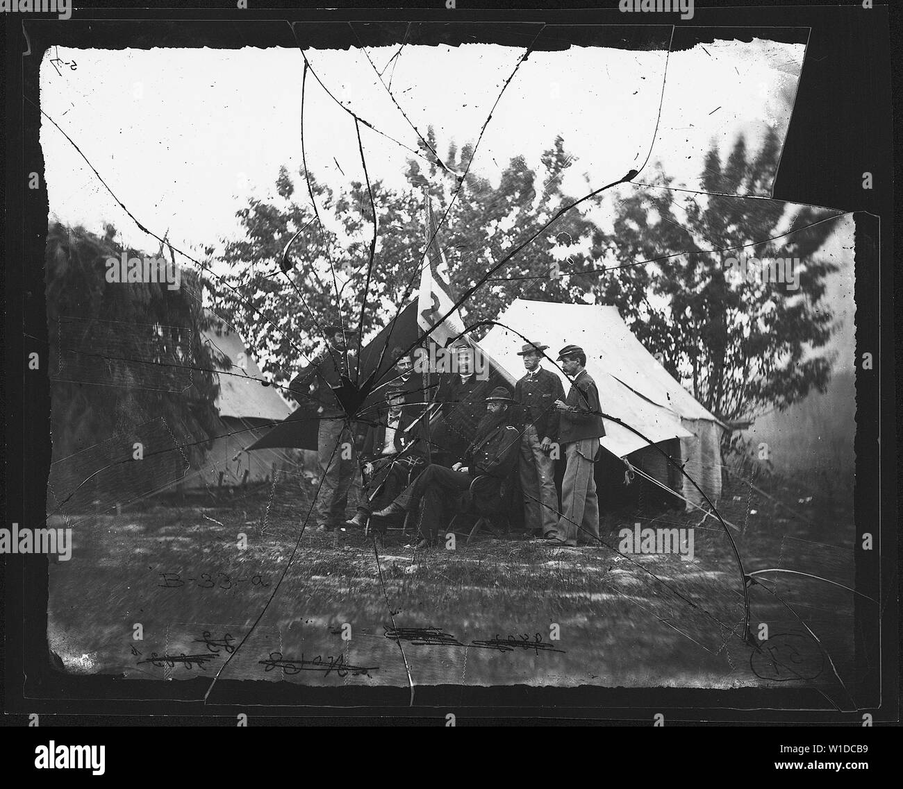 Gen. David McM. Gregg and staff of six. Recognized: Capt. Albert W. Harper, Col. C. Taylor, Capt. Treishel, (and) Capt. Henry C. Weir. Stock Photo