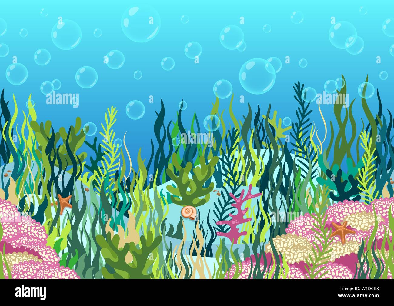 Underwater World Background Seabed With Seaweed And Coral Reef