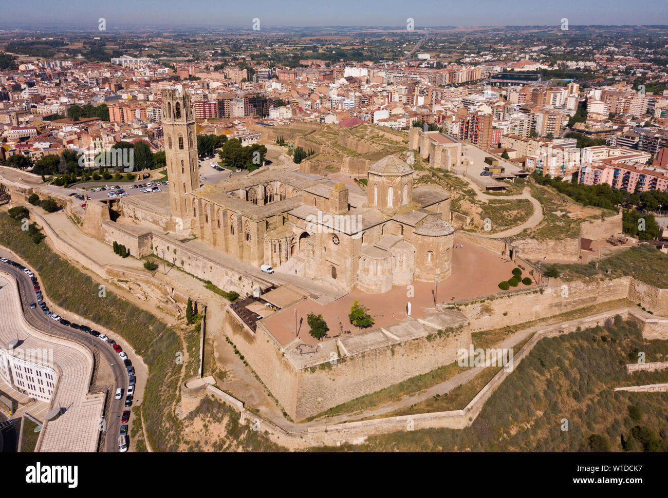 View from drone of ancient Old Cathedral of Lleida and urban landscape of Catalan city of Lleida, Spain Stock Photo