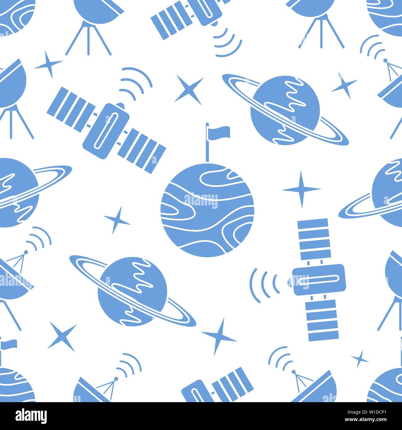 Space Weather Vector Seamless vector pattern with planets, Saturn, stars, orbital station ...