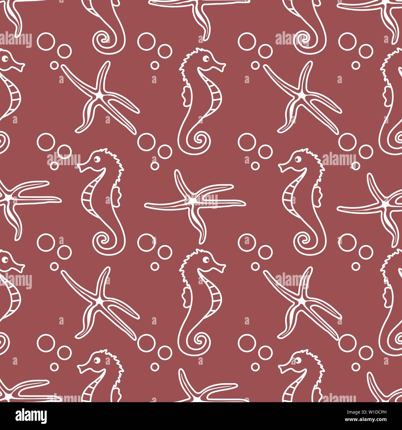 Vector seamless pattern with sea horses, starfish and bubbles. Marine ...