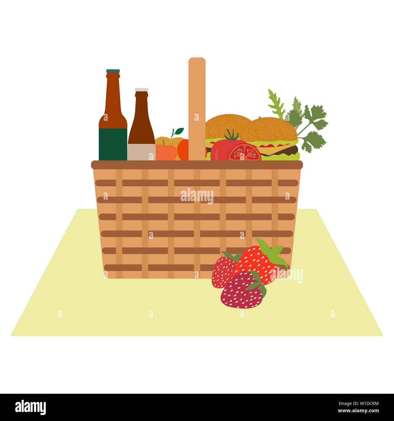 Vector illustration with wicker picnic basket with food and drink ...