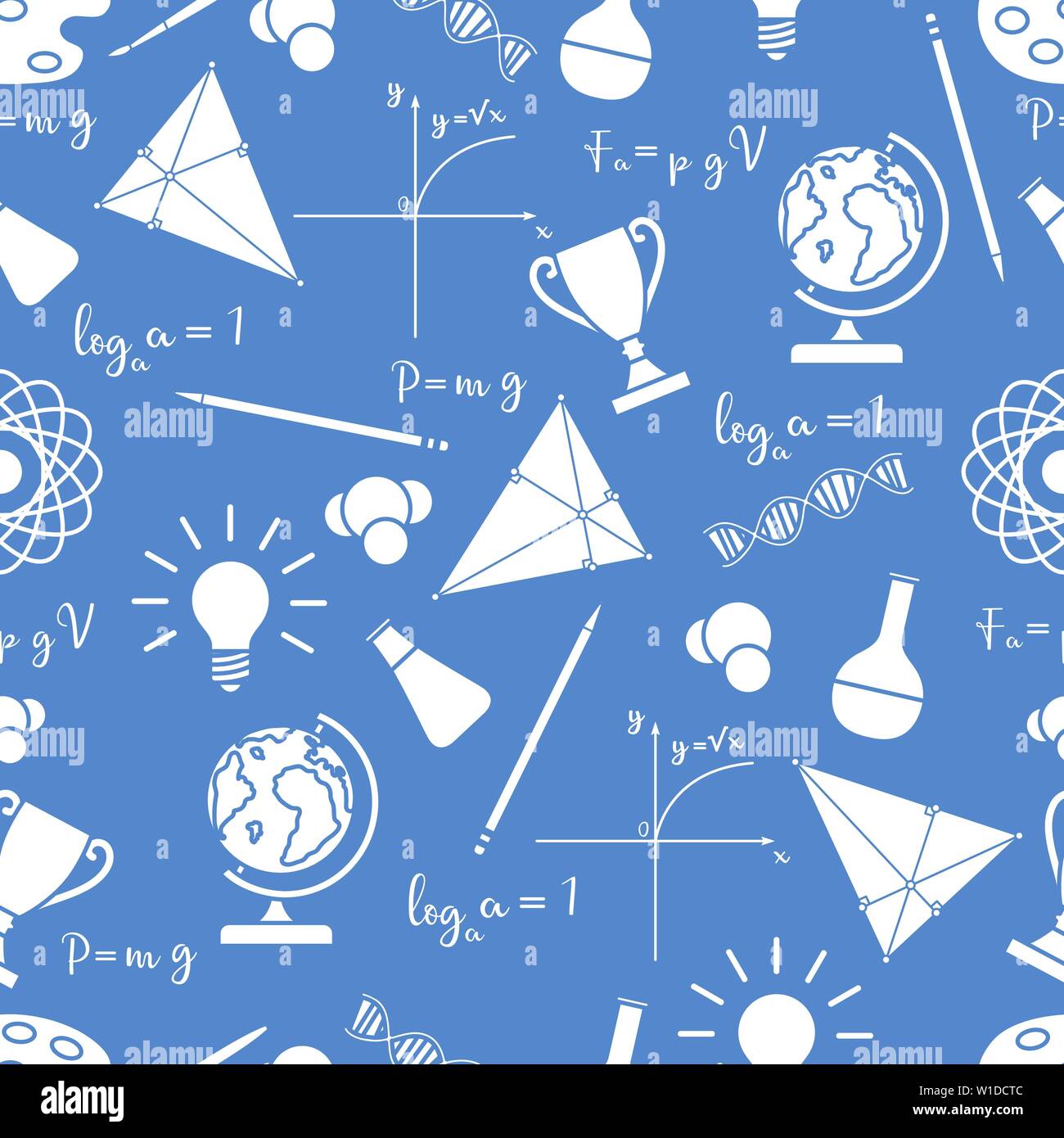 Vector seamless pattern with scientific, education elements: globe, formulas, flasks, molecules, atom, DNA, function graph, pencil, triangle. Design f Stock Vector