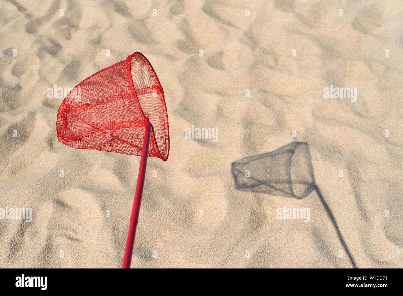 Summer fun for kids. Entertainment on a sandy beach by the sea. Red butterfly net for catching butterflies and fish Stock Photo