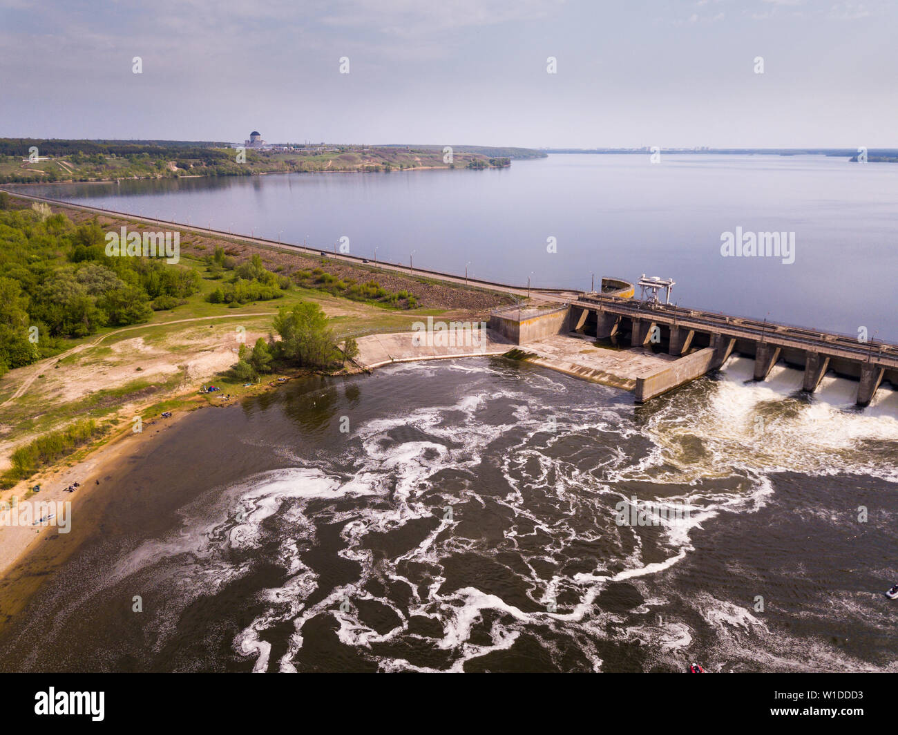 Landscape with concrete dam on river near Voronezh, Russia Stock Photo