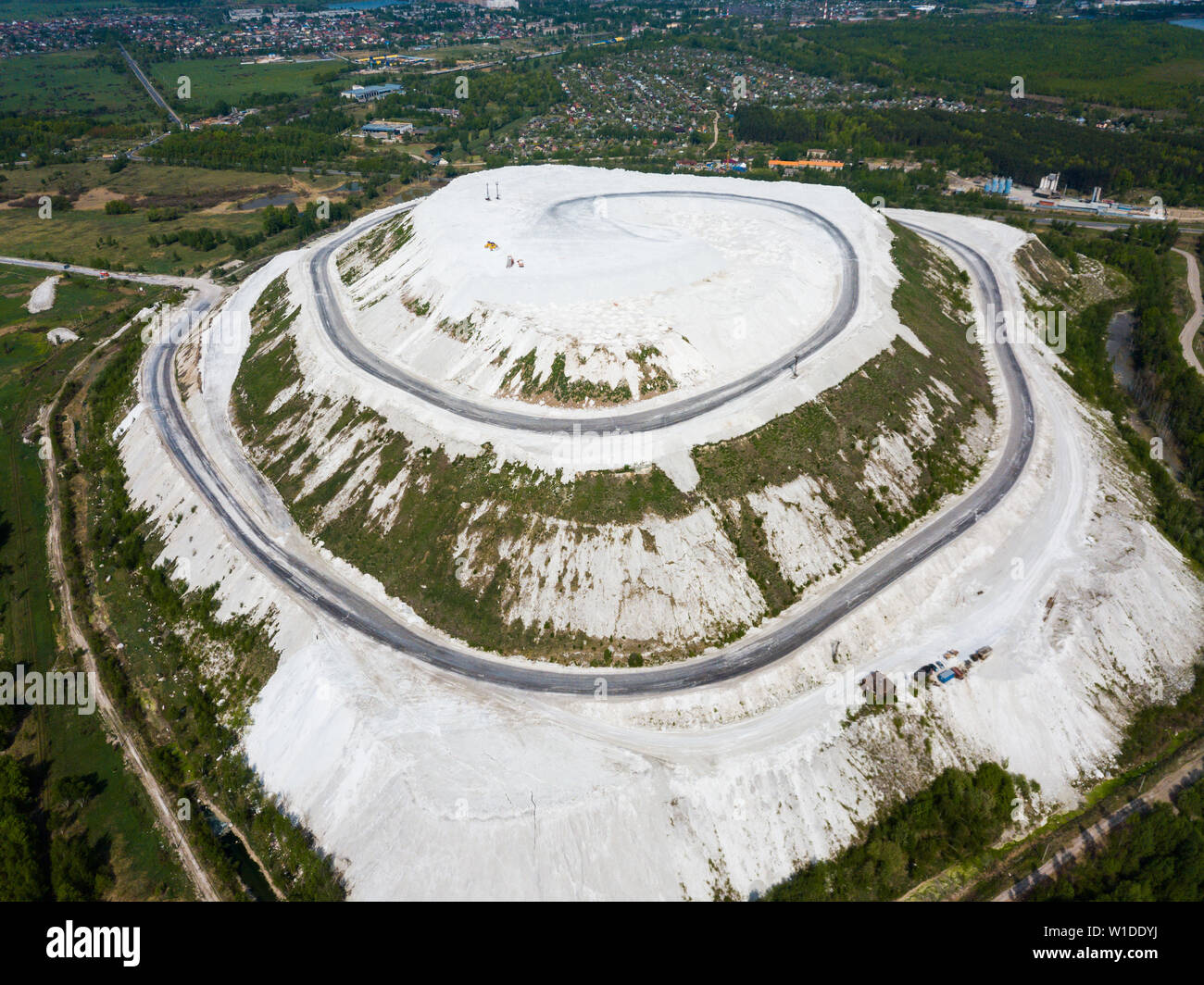 Phosphogypsum White mountain aerial view. City Voskresenks. Russia Stock Photo