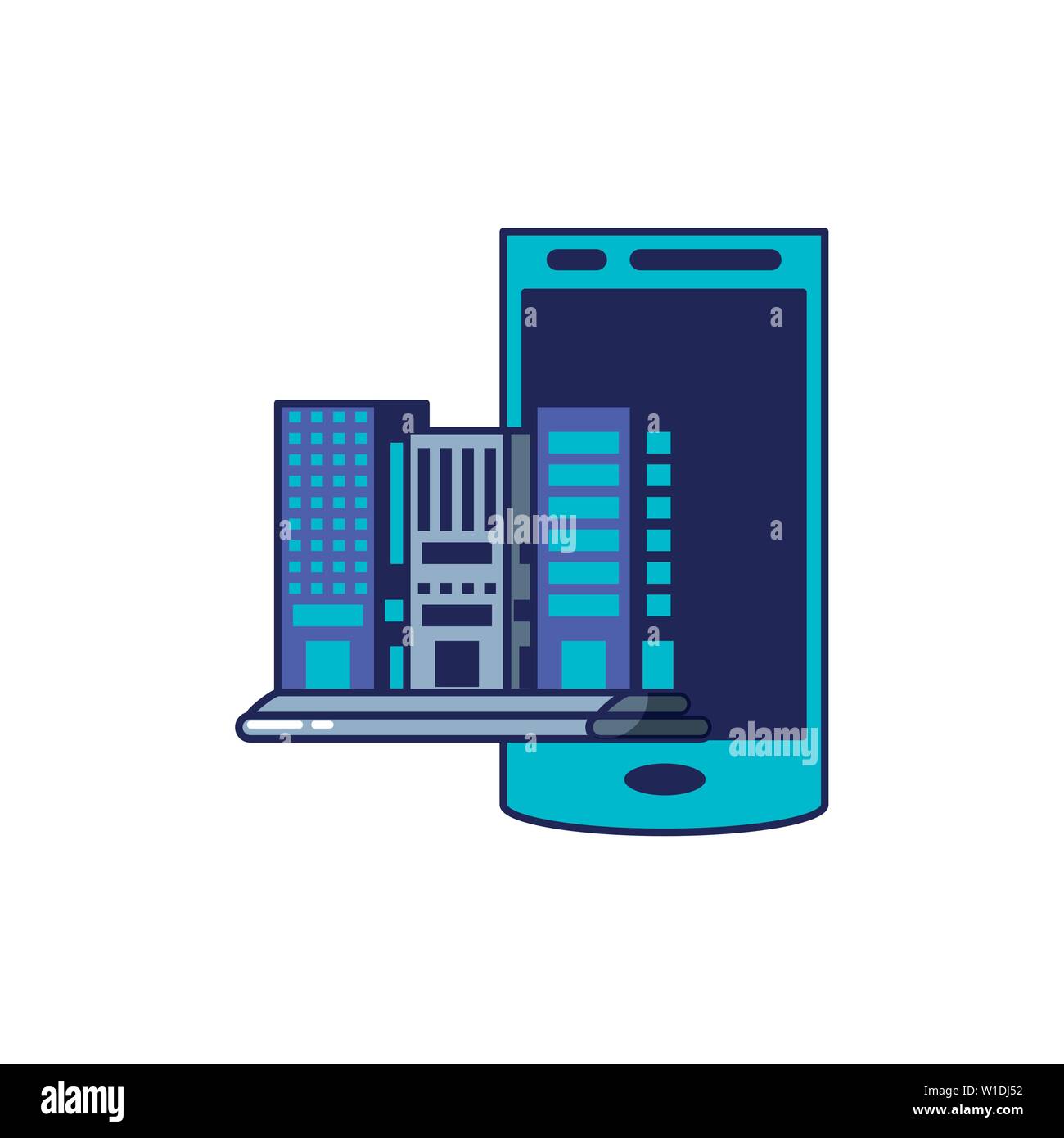 smartphone with facades buildings in screen vector illustration design ...