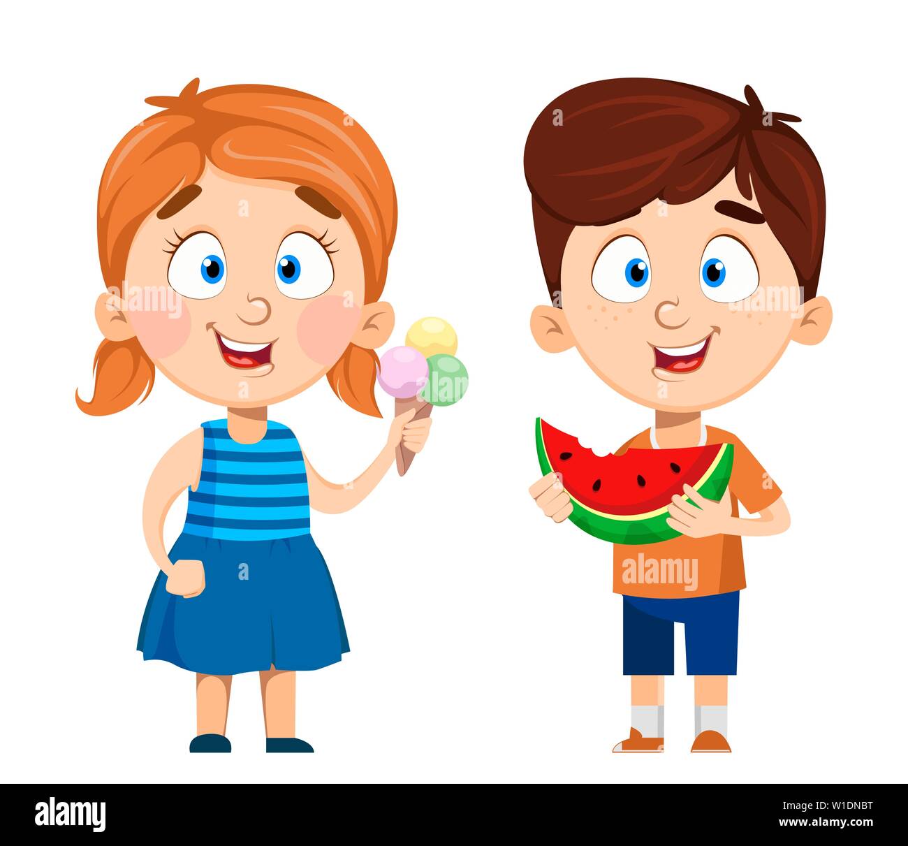 Boy and girl cartoon characters, set of two poses. Cute funny children with ice-cream and with watermelon. Fun concept. Happy kid. Colorful vector ill Stock Vector