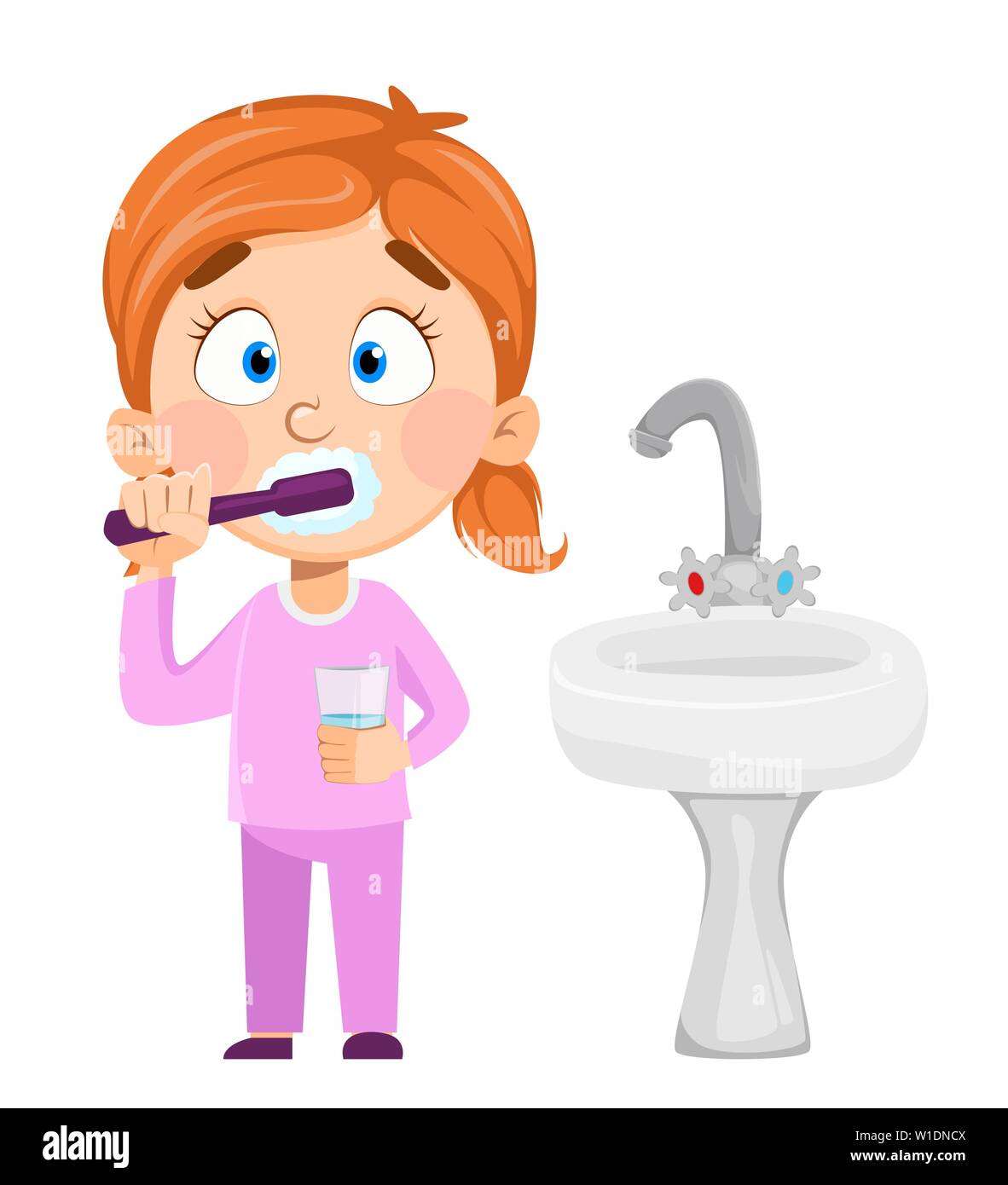 Cute little girl brushing teeth. Funny cartoon character. Vector  illustration Stock Vector Image & Art - Alamy