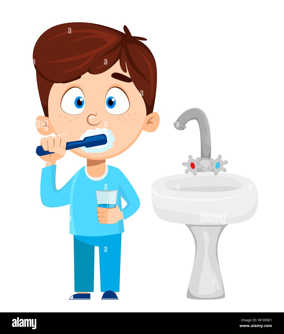 Cute little boy brushing teeth. Funny cartoon character. Vector  illustration Stock Vector Image & Art - Alamy