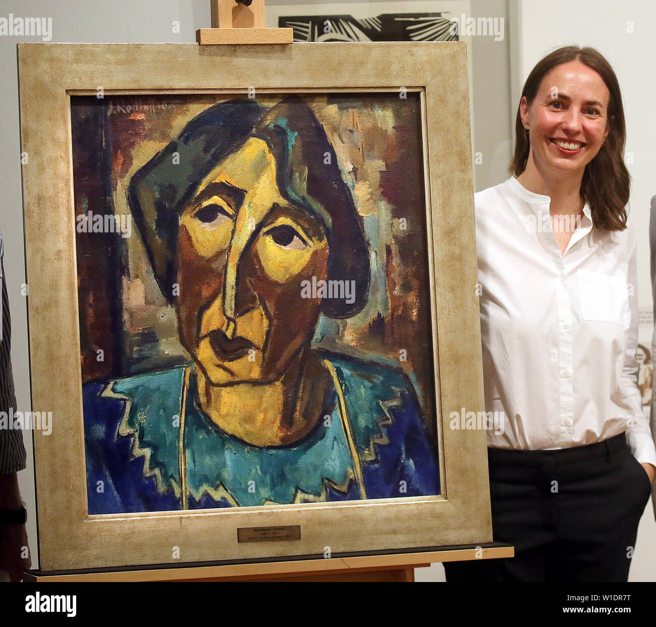 Berlin, Germany. 02nd July, 2019. During a press conference Lisa Marei Schmidt, director of the Brücke Museum, presents the new acquisition for the Brücke Museum, the important painting 'Bildnis R.S. (Rosa Schapire)' by Karl Schmidt-Rottluff. Credit: Wolfgang Kumm/dpa - ATTENTION: Only for editorial use in connection with the current reporting/dpa/Alamy Live News Stock Photo
