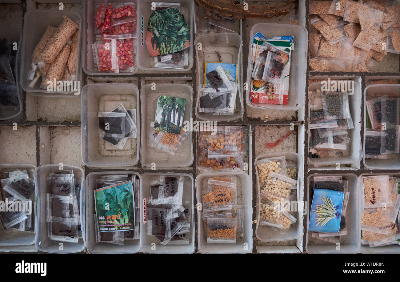 Vegetable seeds for sale at the Tamu Muhibbah central food market in Miri, Borneo, Malaysia. Stock Photo