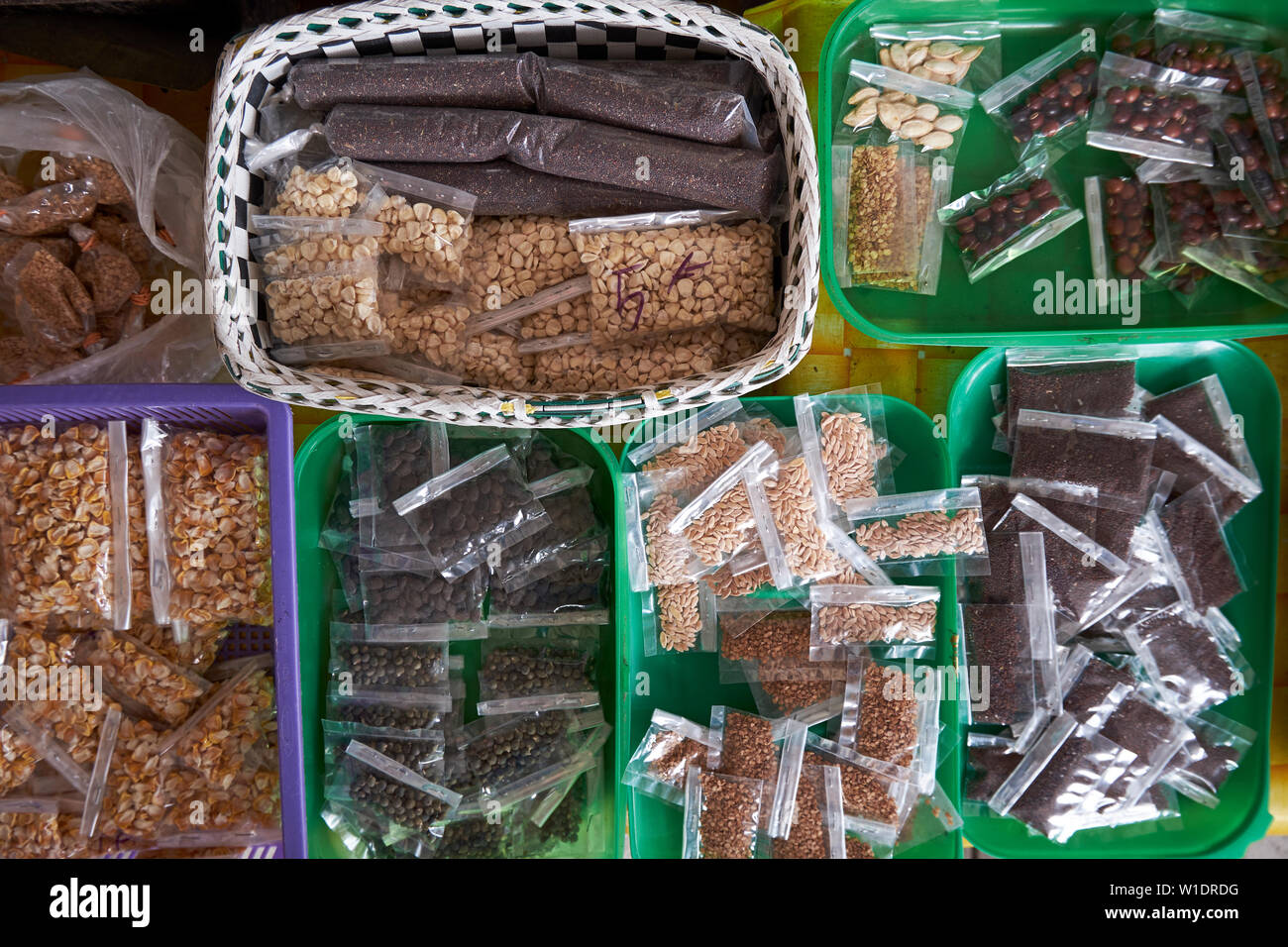 Vegetable seeds for sale at the Tamu Muhibbah central food market in Miri, Borneo, Malaysia. Stock Photo