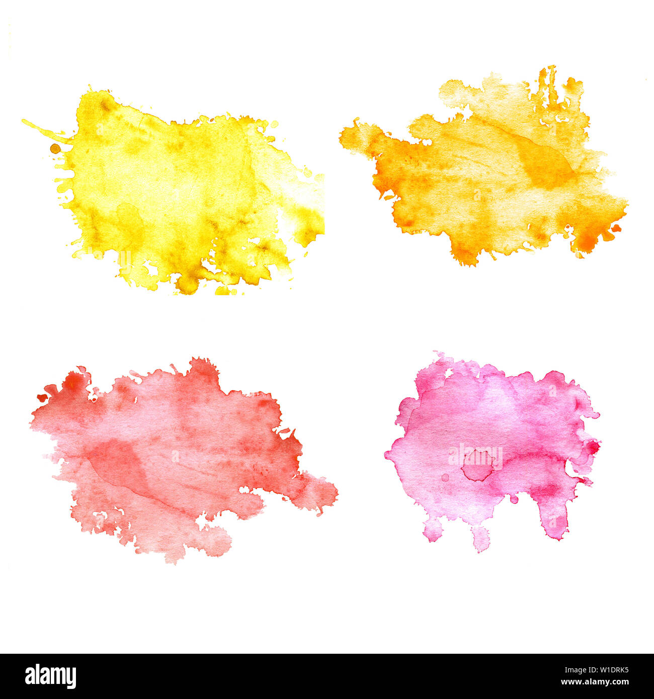 Set of 5 watercolor blots with splashes and stains. Watercolor spots of orange, yellow, pink and red flowers. Isolated blots on a white background, dr Stock Photo