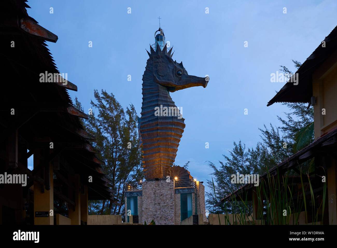 A giant metal seahorse lighthouse sculpture at the sea in Miri, Borneo, Malaysia. Stock Photo