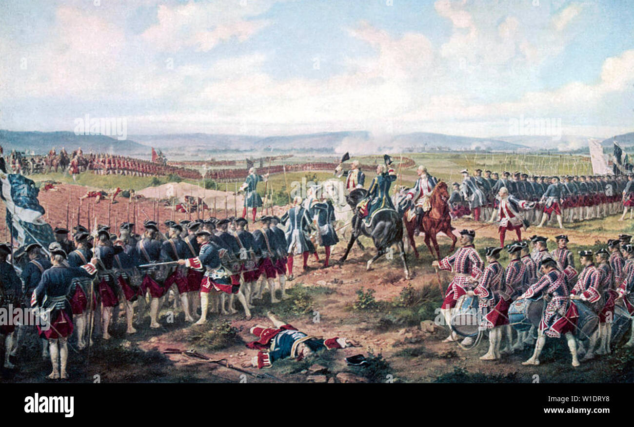 BATTLE OF FONTENOY 11 May 1745. The Allied army at left prepare to assault the French soldiers on the ridge. Stock Photo