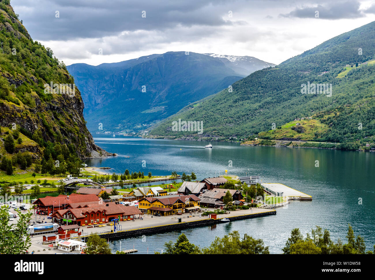 Beautiful aerial landscape view on Aurlandsfjord with a ship, mountains in Flam, Scandinavia, Norway Stock Photo