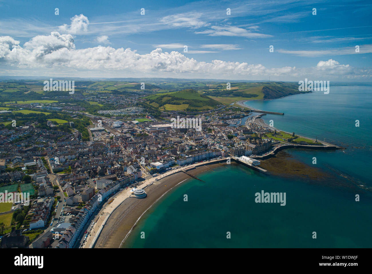 Aberystwyth Wales UK, Tuesday 02 July 2019  UK Weather: A gloriously sunny July morning in Aberystwyth, on the west coast of Wales, as seen from a drone (by a CAA approved commercial operator)  Photo creditt Keith Morris / Alamy Live News Stock Photo