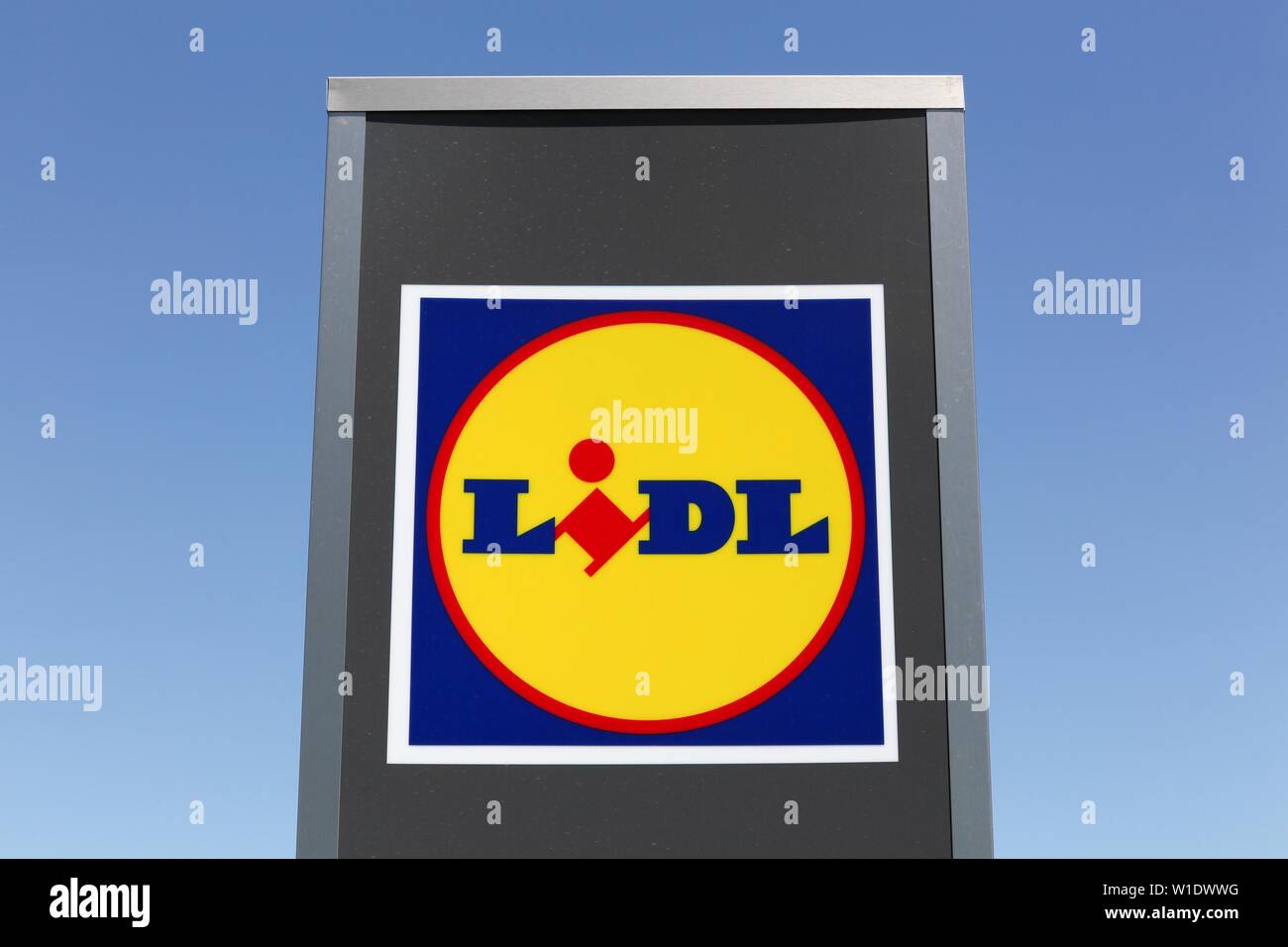 Decines, France - June 13, 2019: Lidl logo on a panel. Lidl is a german global discount supermarket chain that operates over 10 000 stores Stock Photo