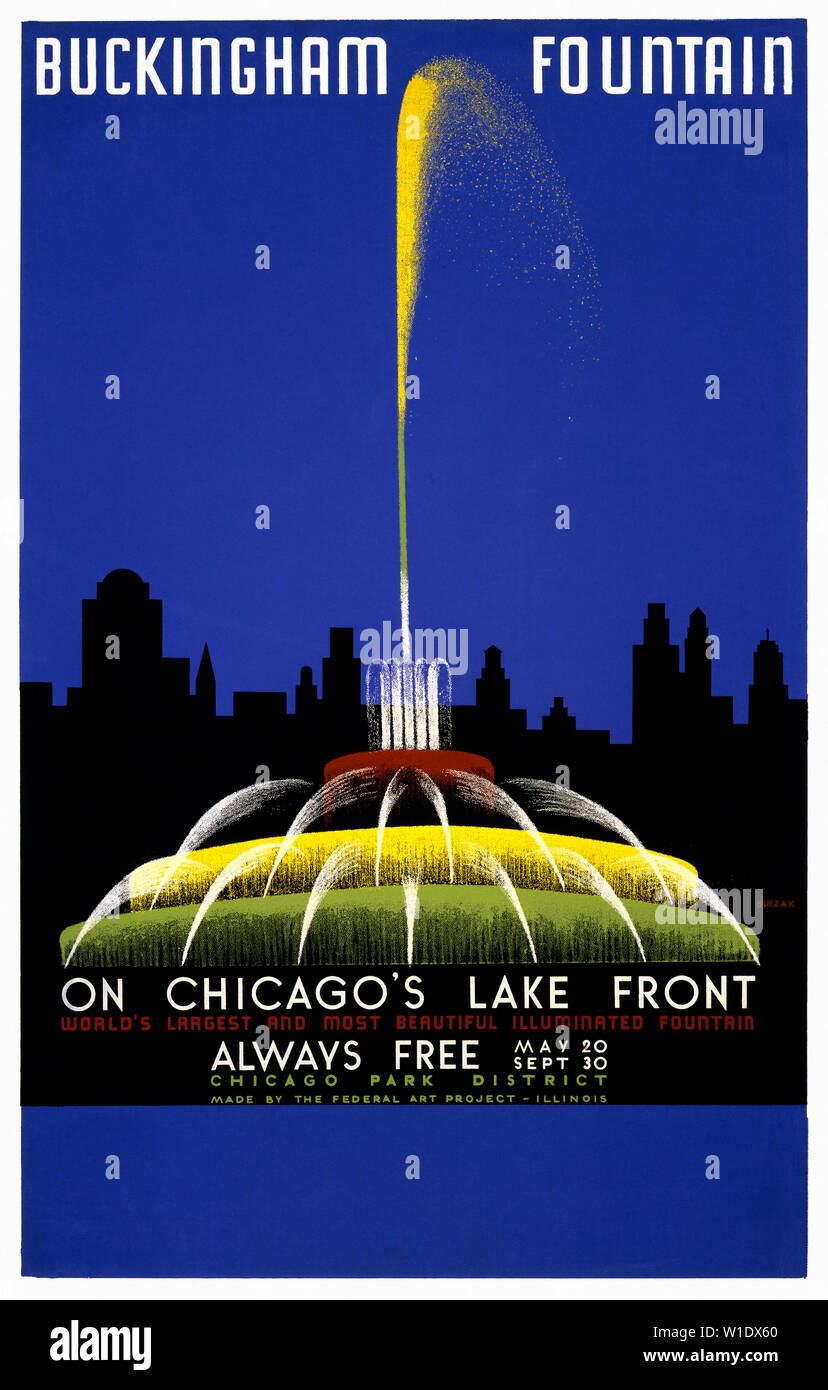 Vintage travel poster. Buckingham Fountain on Chicago's lake front, world's largest and most beautiful illuminated fountain by John Buczak in 1939. Stock Photo