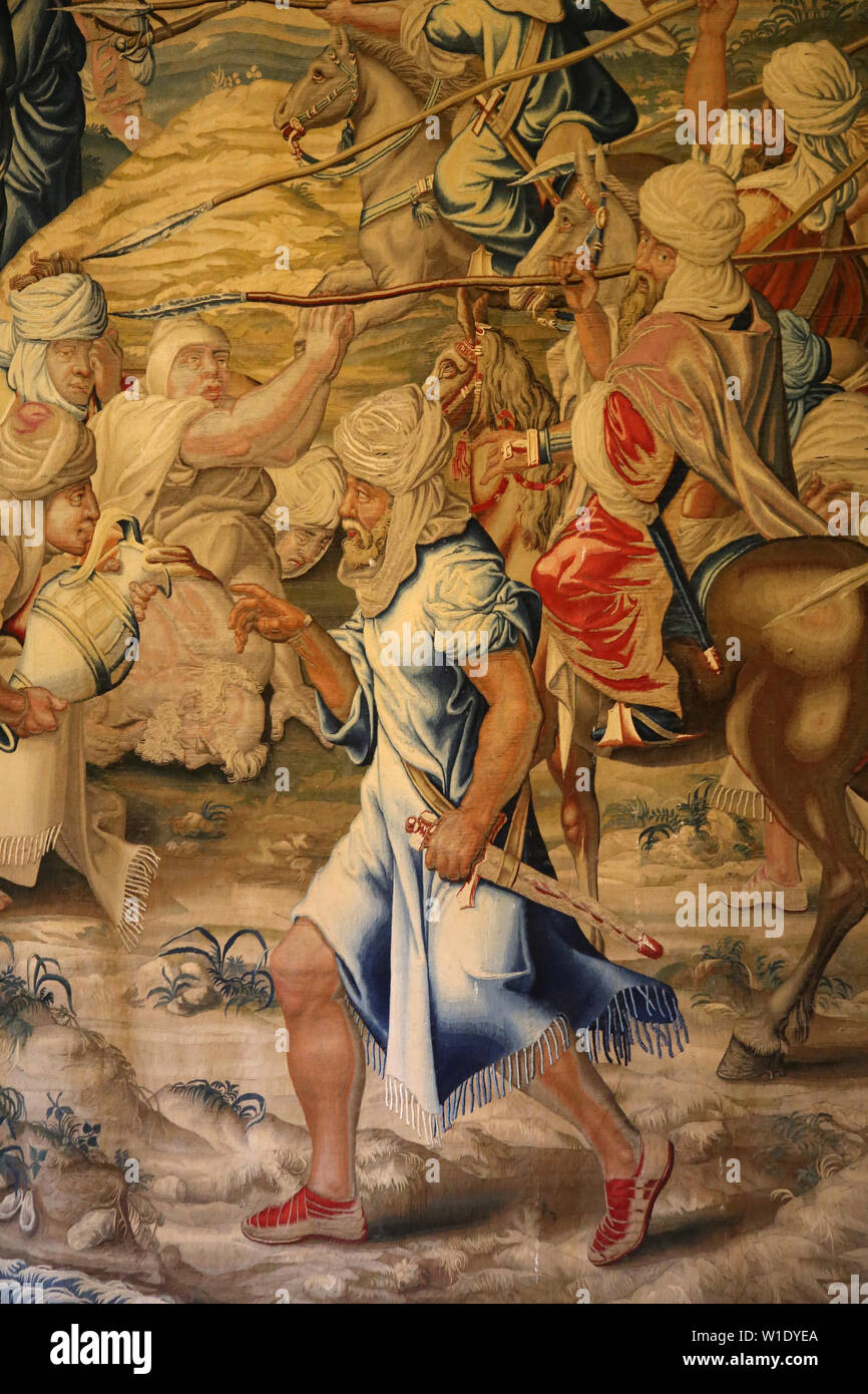 Spain. Seville. Royal Alcazars. Tapestry. Conquest of Tunis, 1535. Arab soldier. Stock Photo