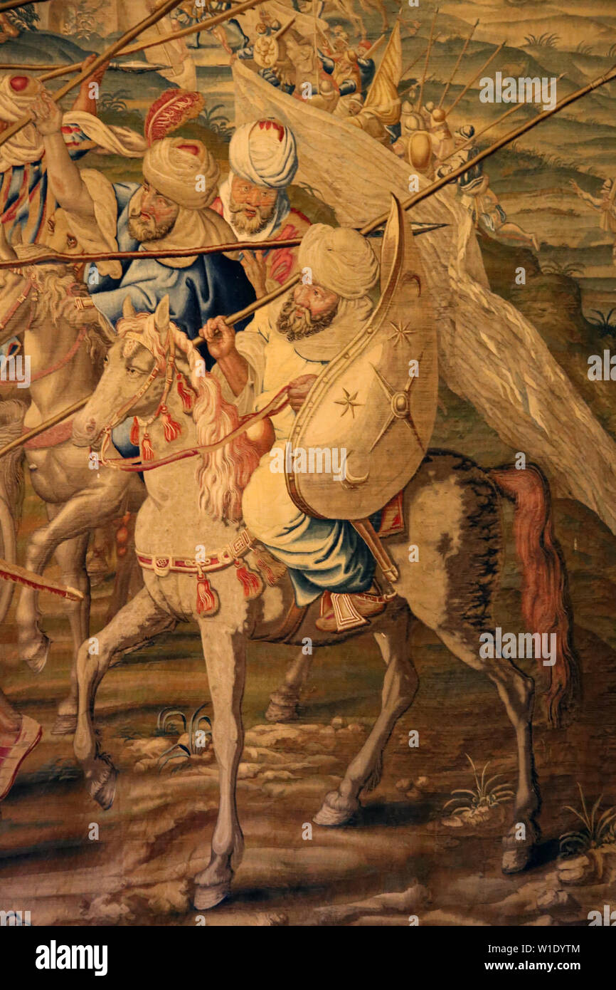 Spain. Seville. Royal Alcazars. Tapestry. Conquest of Tunis, 1535. Arab troops Stock Photo