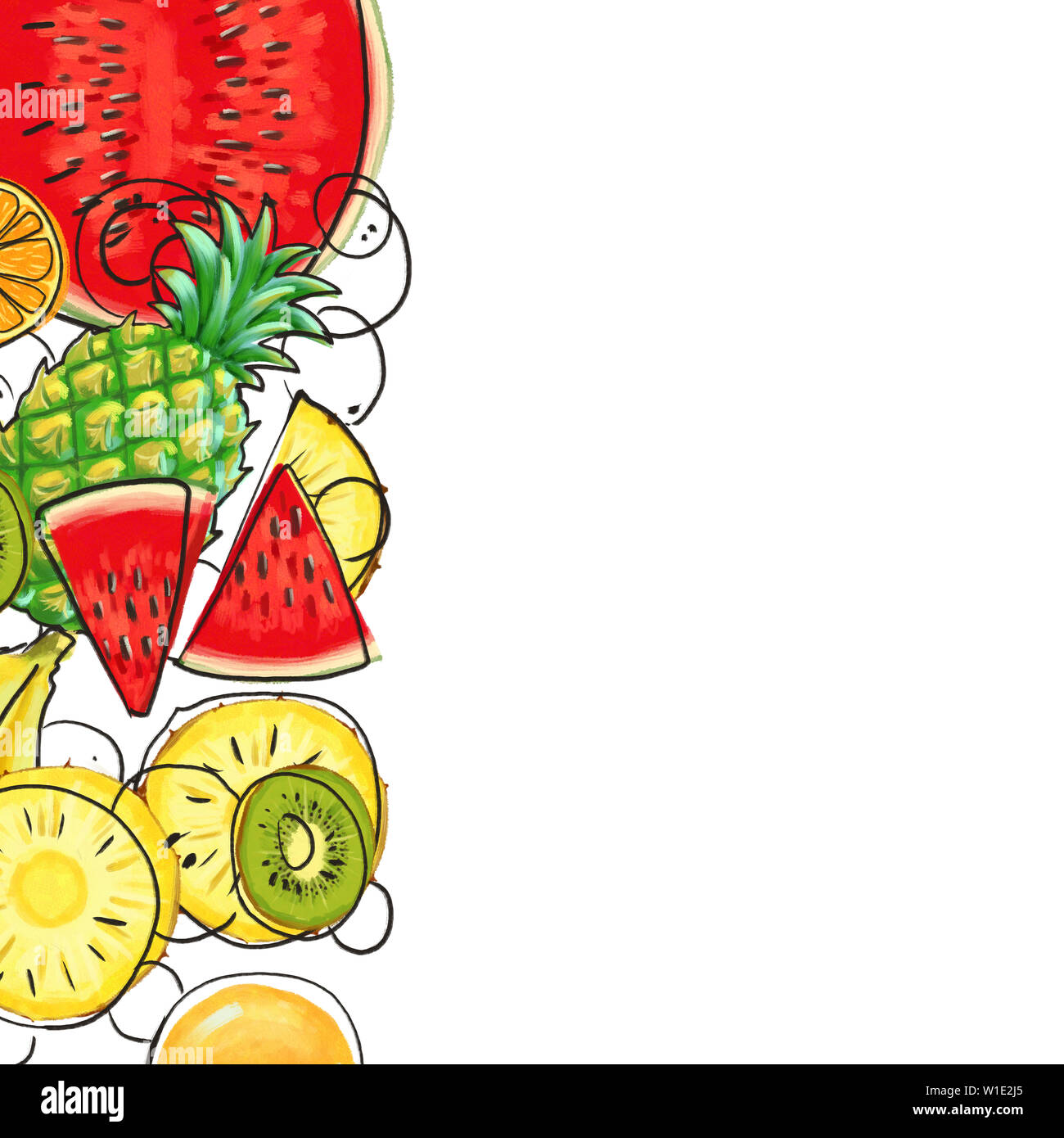 Hand drawn Exotic Fruit border isolated on white background Stock Photo
