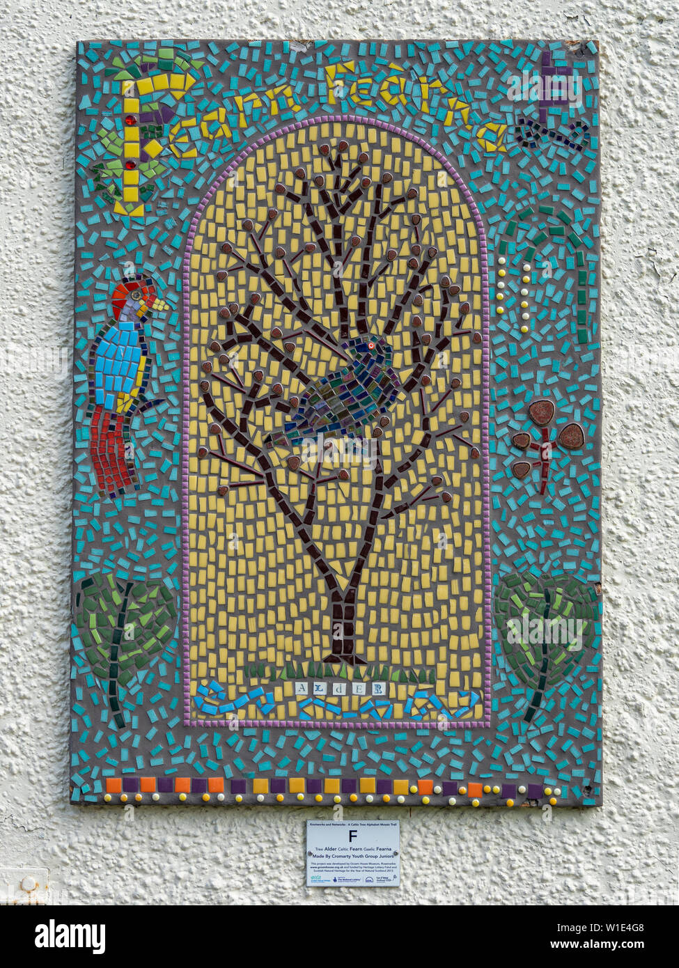Mosaic depicting an Alder (Fearn) tree on the side of a bus shelter in Cromarty, Black Isle, Highland, Scotland. Stock Photo