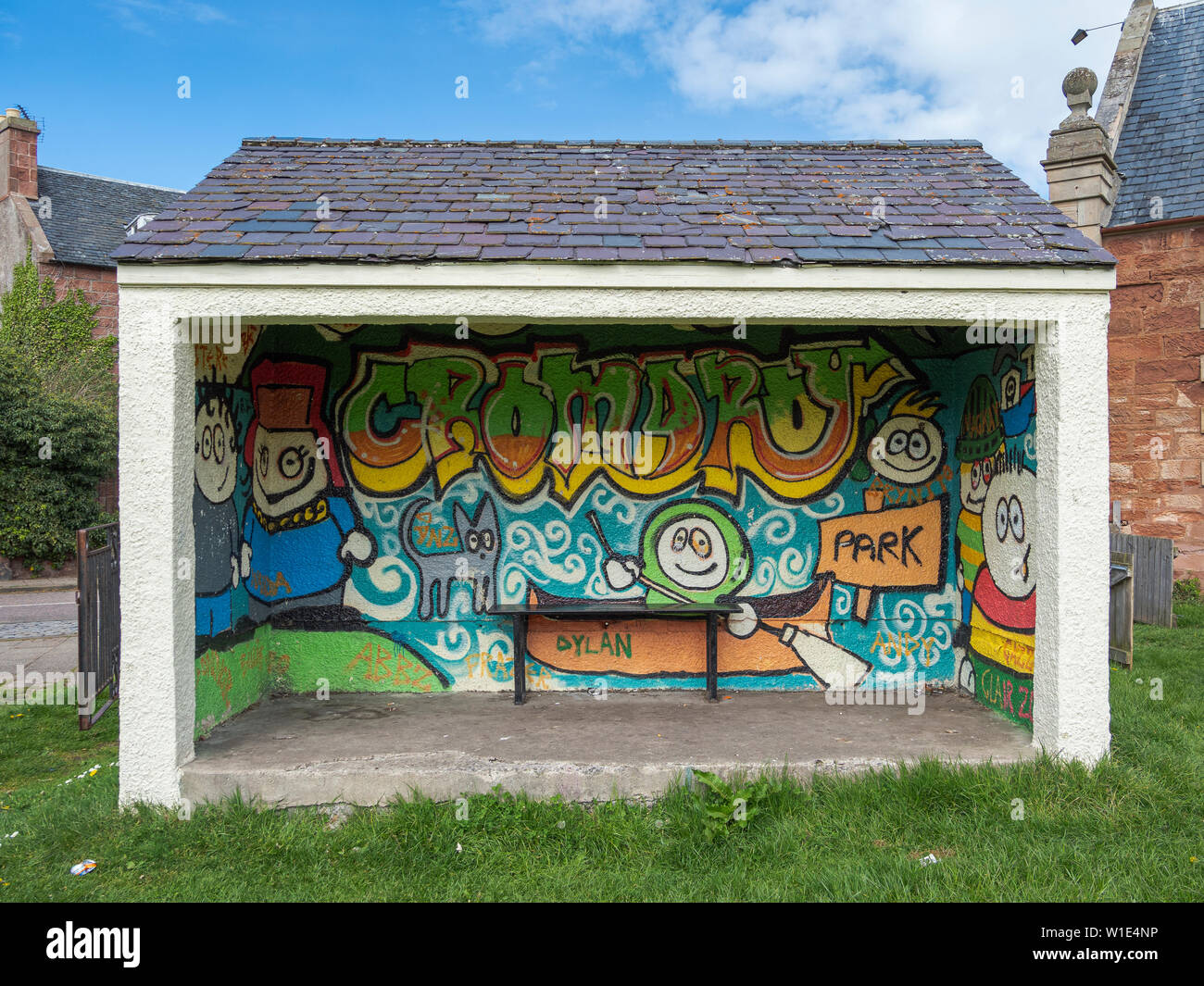 Graffiti in the shelter at Cromarty Park, Cromarty, Black Isle, Highland, Scotland Stock Photo