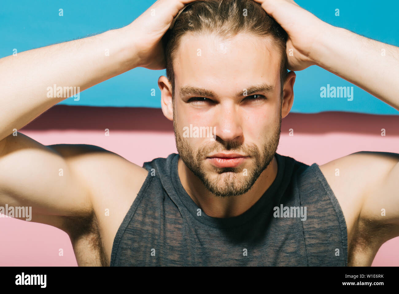 Haircut Concept Handsome Man Touch Hair Haircut Man With Stylish