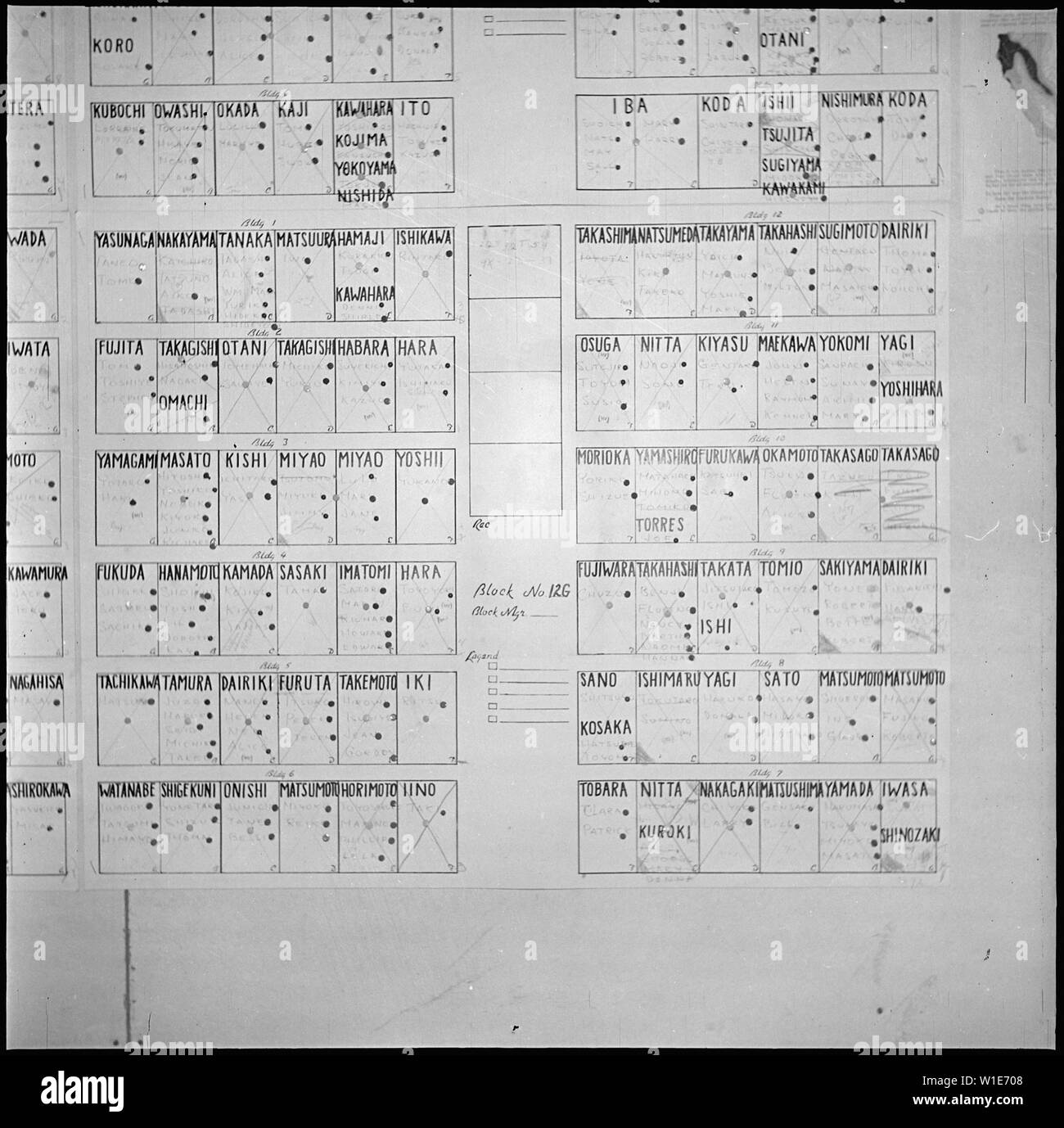 Granada Relocation Center, Amache, Colorado. Wall charts show residence