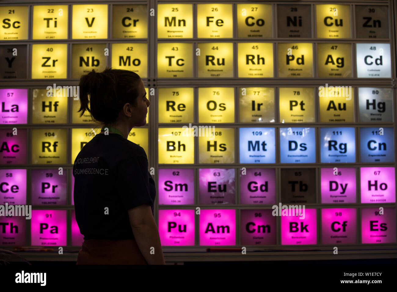 Royal Society Summer Science Exhibition, a young woman looking at an  illuminated Periodic Table celebrating the 150th Anniversary, London, UK  Stock Photo - Alamy