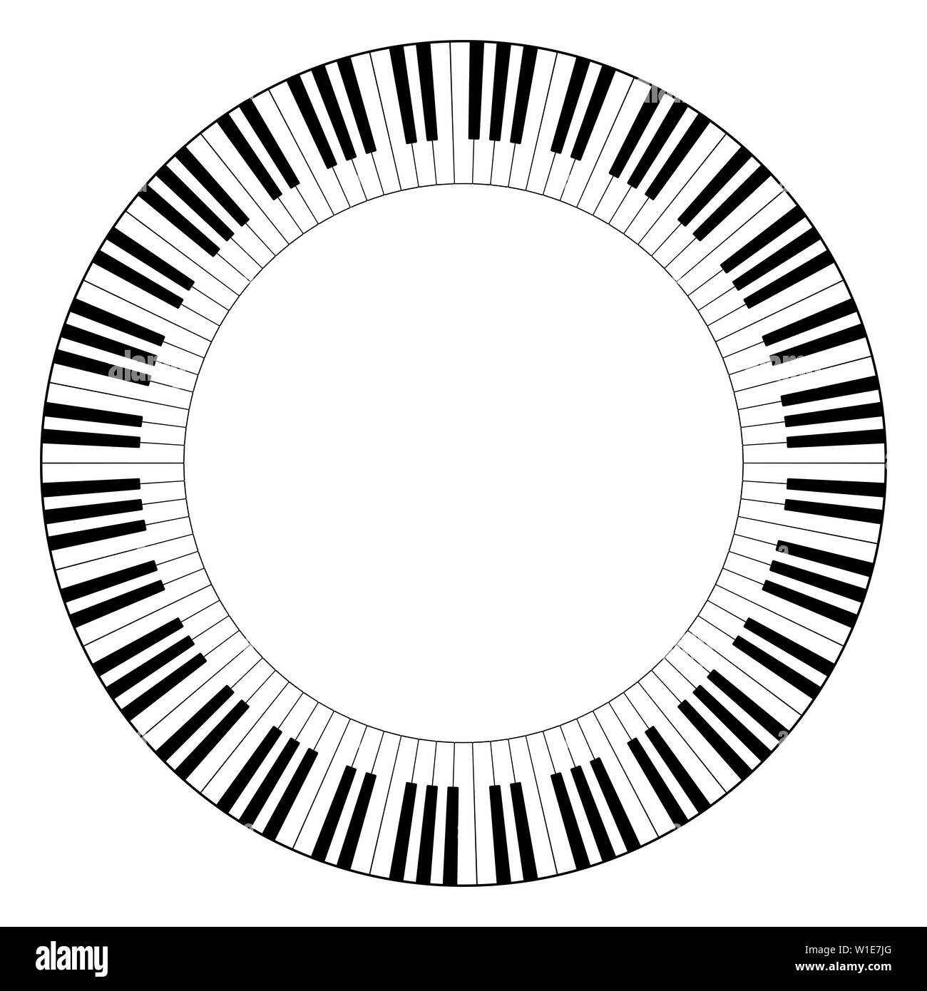 Musical keyboard circle frame, made of connected octave patterns. Decorative border, constructed from octaves, black and white keys of piano keyboard. Stock Photo