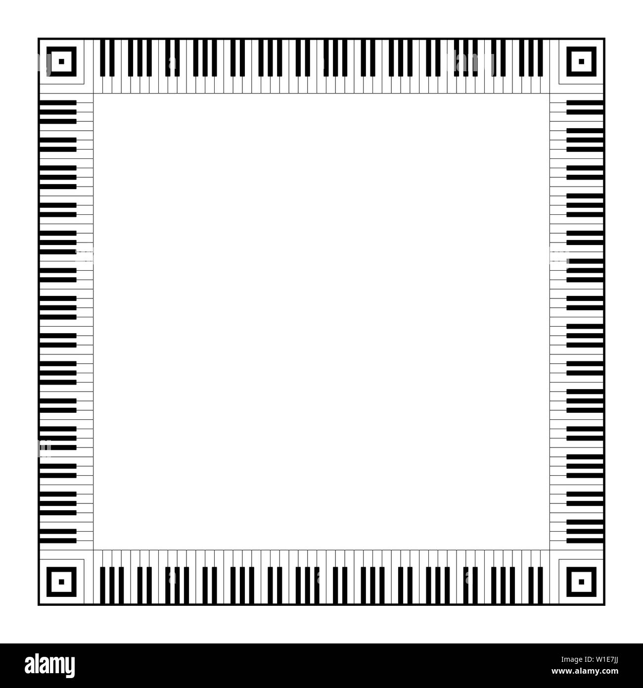 Musical keyboard square frame, made of connected octave patterns. Decorative border, constructed from octaves, black and white keys of piano keyboard. Stock Photo