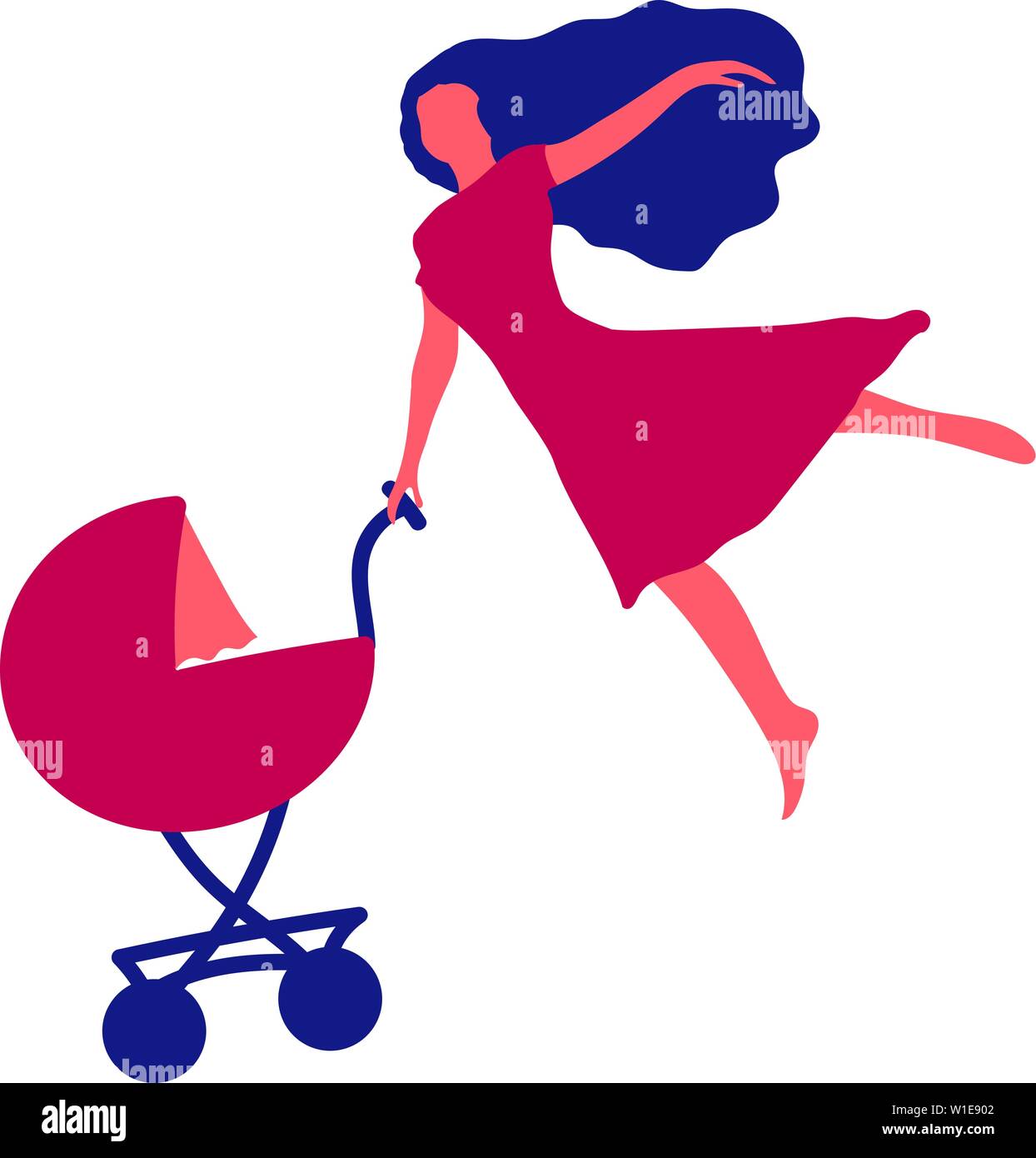 Woman with baby carriage. Mom is flying, straightened one arm like a wing. The other hand is holding a pram. Vector illustration. Stock Vector