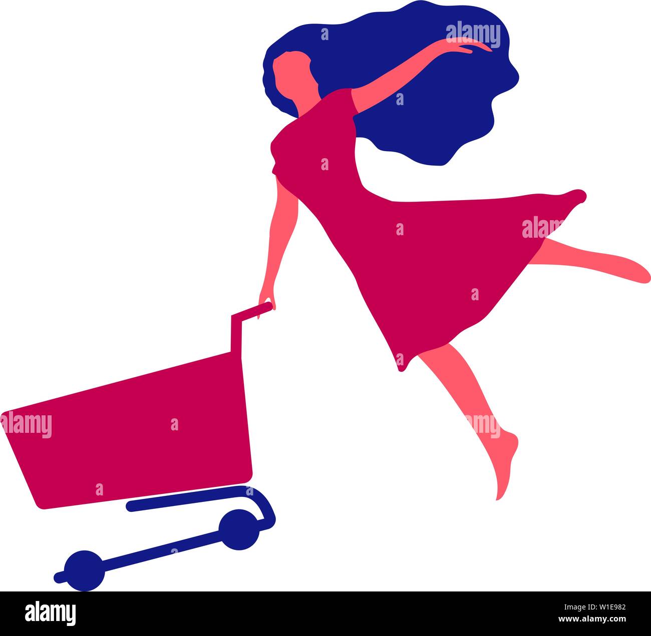 Girl flies to the sale. A woman flies holding a shopping cart (shopping trolley) in her hand. Element for discounts, sales and promotions. Retro style Stock Vector