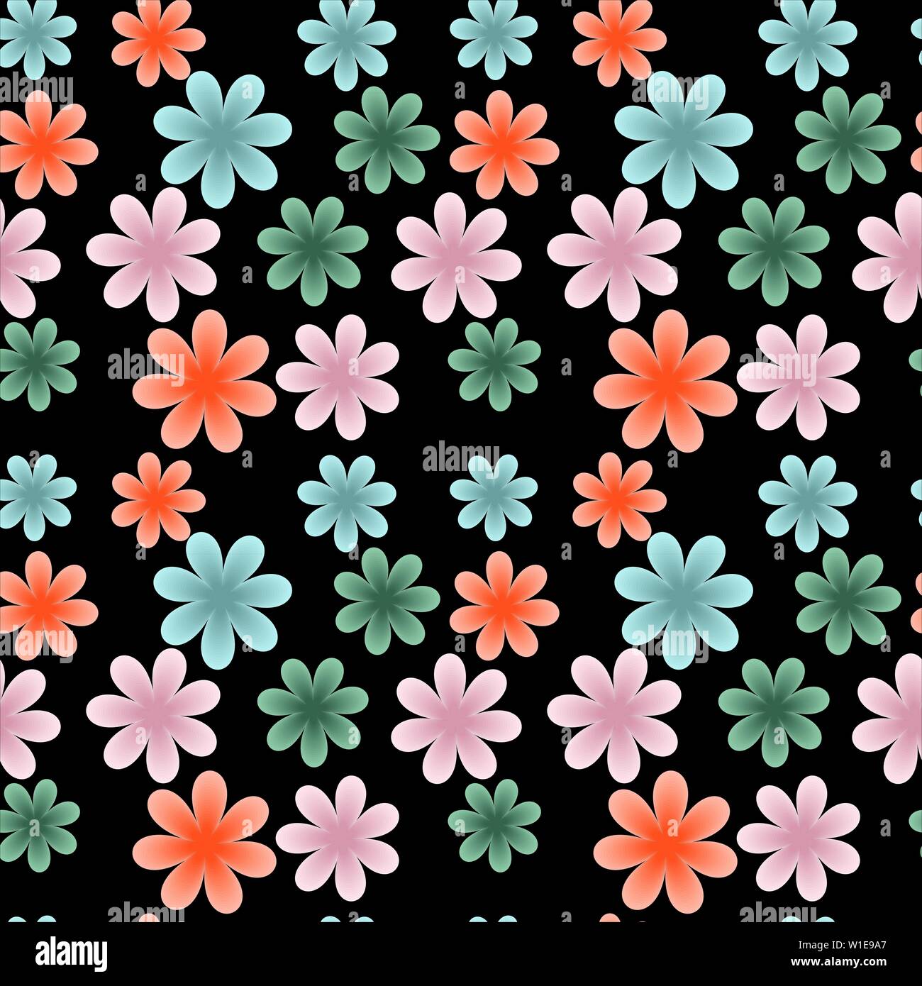 Flower buds - seamless pattern. Multicolored buds (gradient color) on a black background. Stock Vector