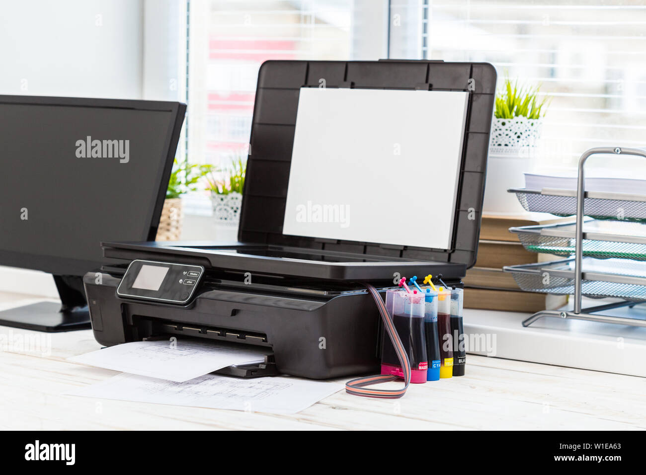 Printer and computer. Office table Stock Photo - Alamy