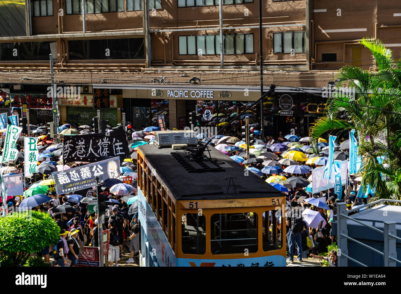 Hong Kong 2019 anti-extradition march on July 1st, protesters carry umbrellas to protect themselves against the hot sun Stock Photo