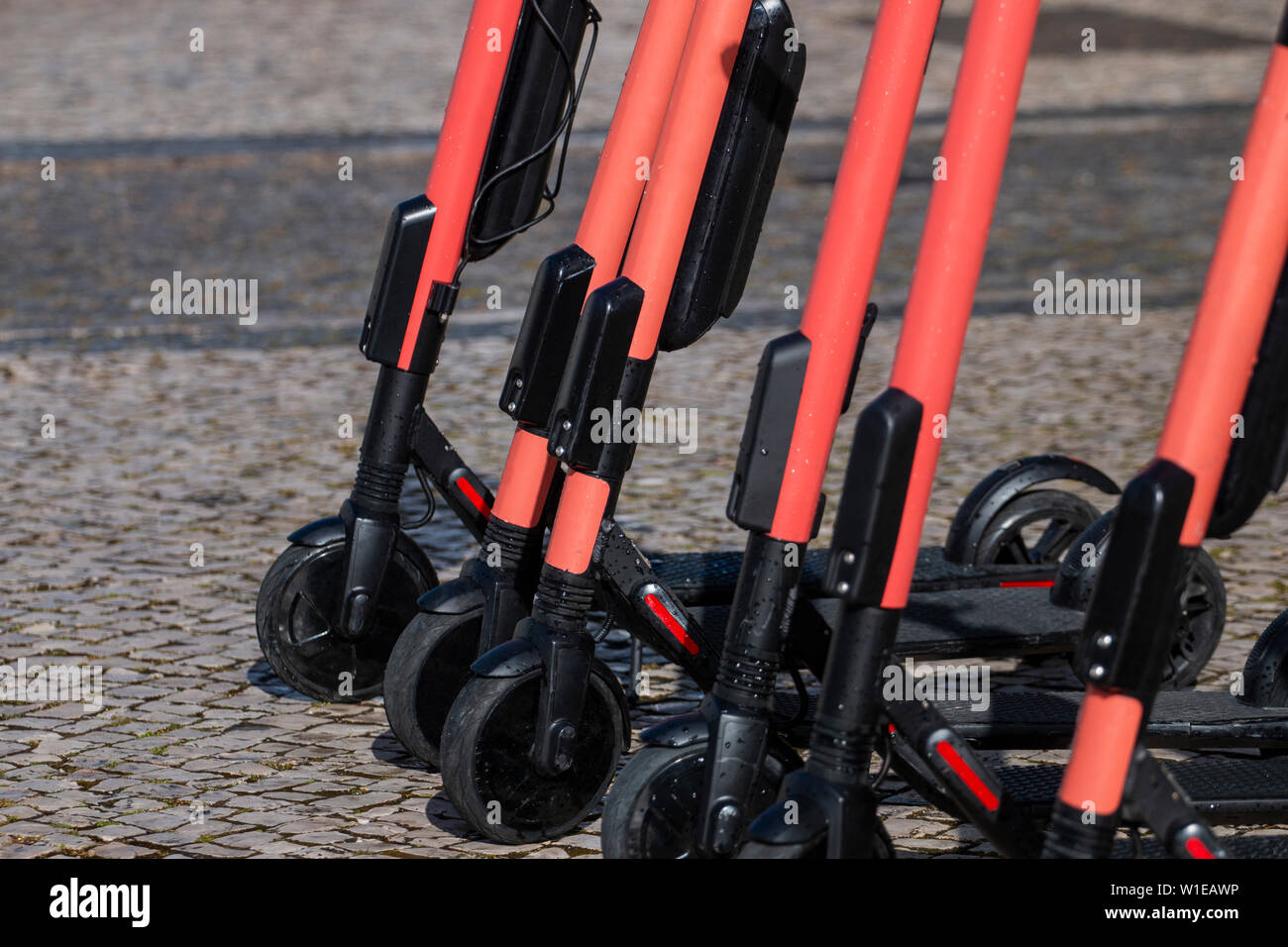 Electric Scooters In Row On The Streets A Modern City Bike Rental