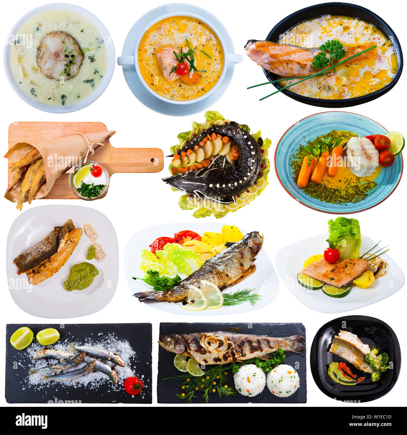 Set of assorted dishes with fish isolated on white Stock Photo - Alamy